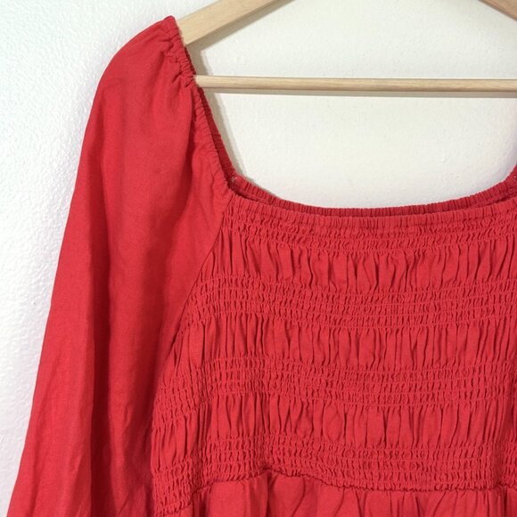 Isabel Maternity Smocked Dress Linen Blend Stretch Coral Red Peasant Milkmaid - Picture 4 of 14